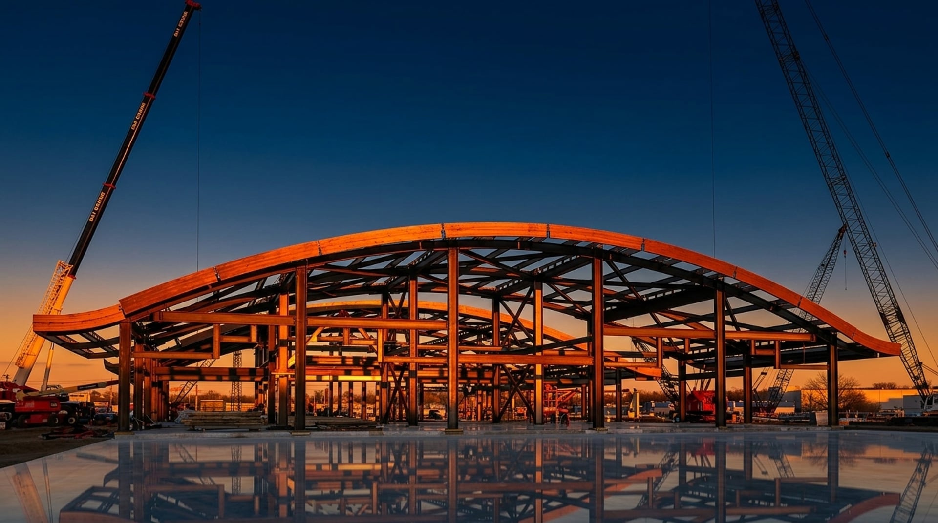 Curved structural steel framework at sunset