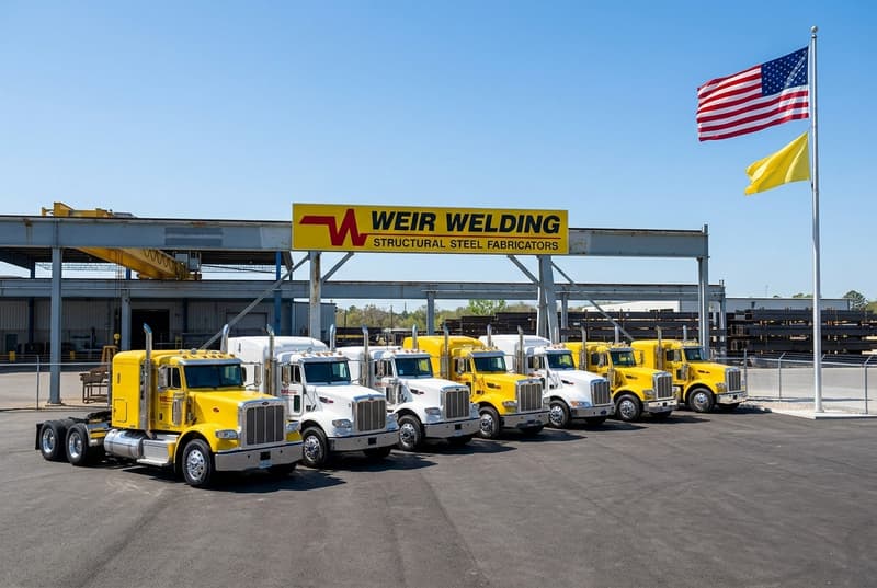Weir Welding fleet of flatbed trucks with American flag